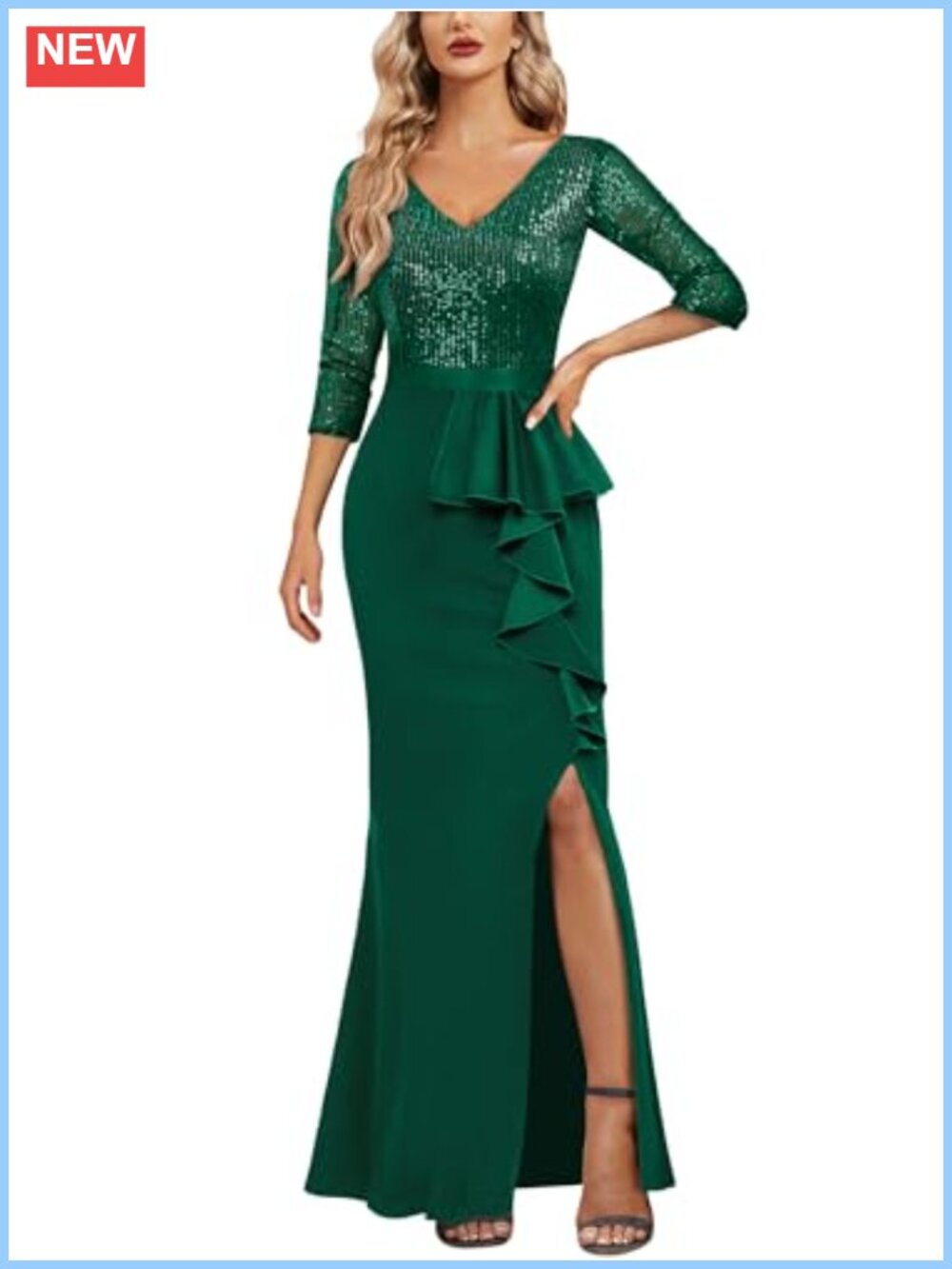 Elegant Sequin V-Neck Mermaid Long Evening Formal Dress Ruffle Split